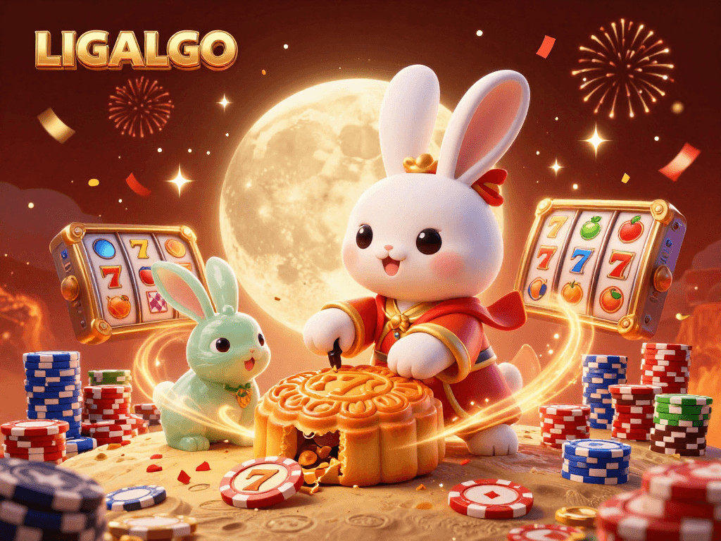 LIGALGO showcases a magical moon scene with a rabbit, poker chips, and vibrant slot symbols.