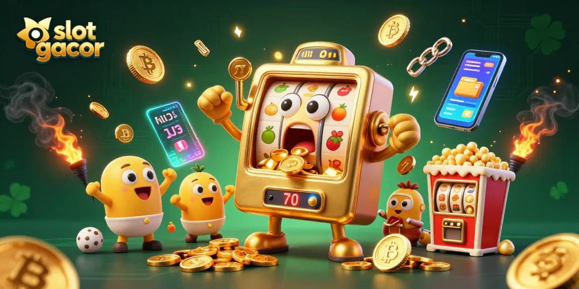 Slot gacor menunjukkan mesin slot emas yang menang jackpot dengan koin berhamburan.