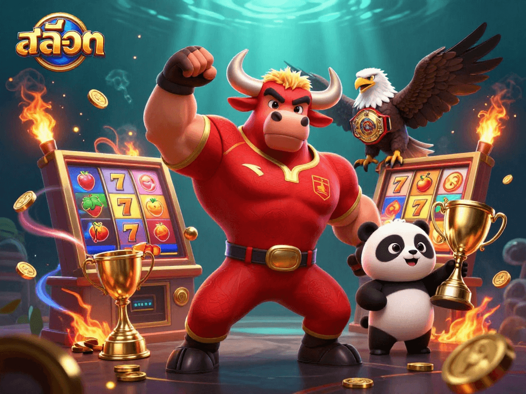 Engage in thrilling สล็อต gameplay with a vibrant 3D scene showcasing characters competing for jackpots and trophies.