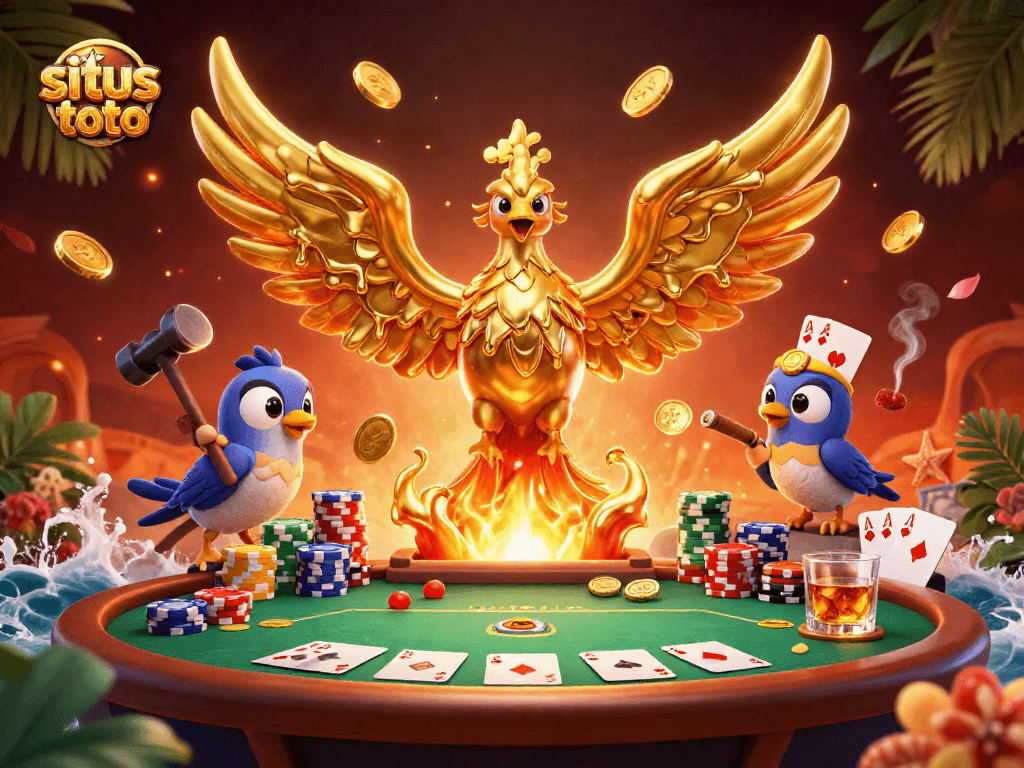 Memenangkan permainan di situs toto dengan phoenix emas berapi dan elemen poker yang menarik.
