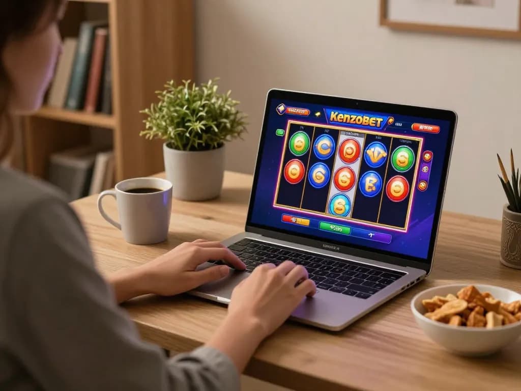 Playing Kenzobet slot game on a laptop at home, creating a cozy gaming atmosphere.