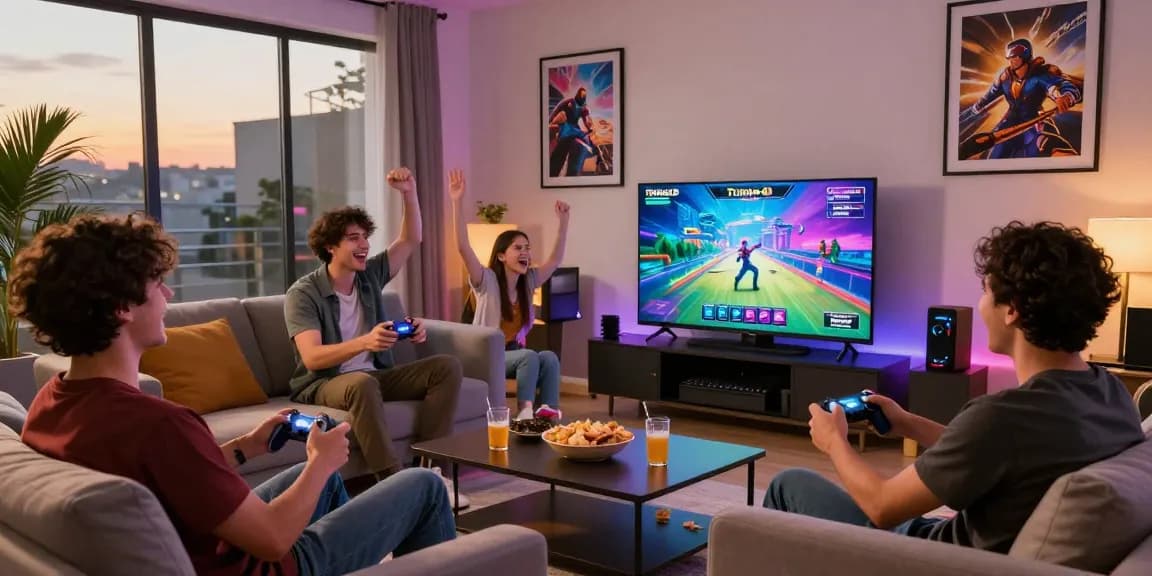Friends enjoying a gaming session with Tunas4D in a cozy living room.