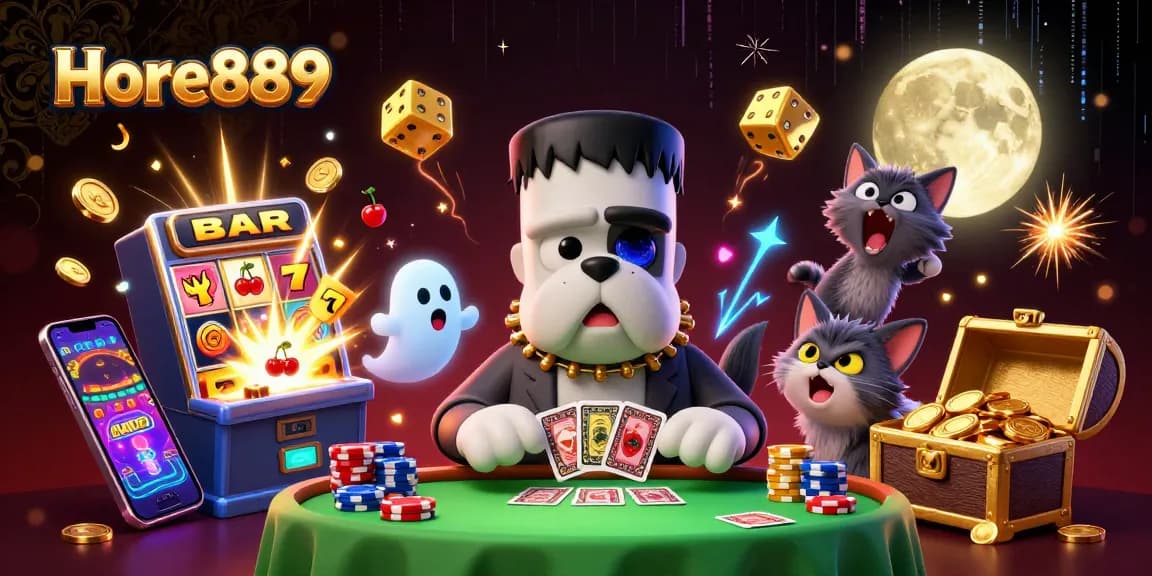 Experience thrilling casino action at Hore889 with a whimsical 3D illustration featuring unique characters.