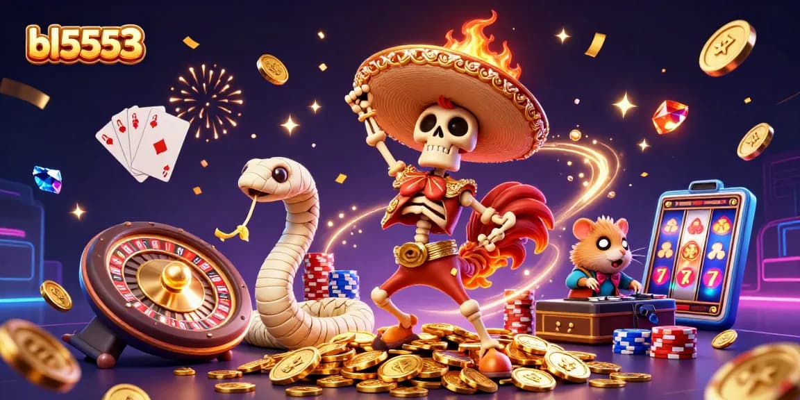 Experience thrilling action at bl5553 with a lively 3D casino celebration illustration featuring dynamic game elements.