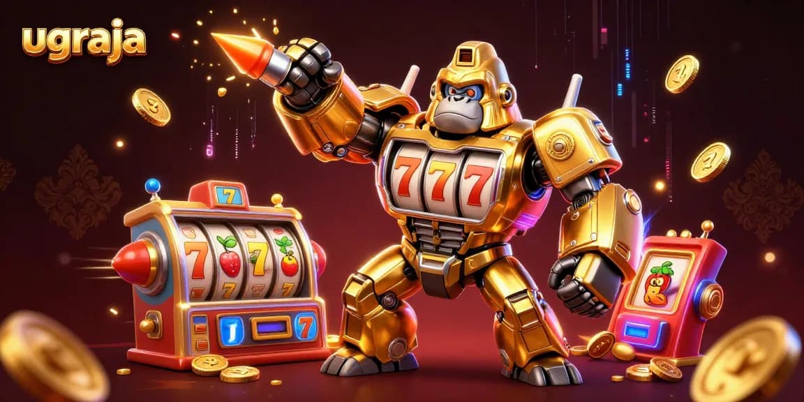 Permainan slot online di Ugraja dengan gorilla mech dan simbol mesin slot menggembirakan pemain.