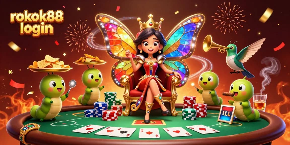 Watch the vibrant rokok88 login scene as the butterfly queen oversees a dazzling poker game.