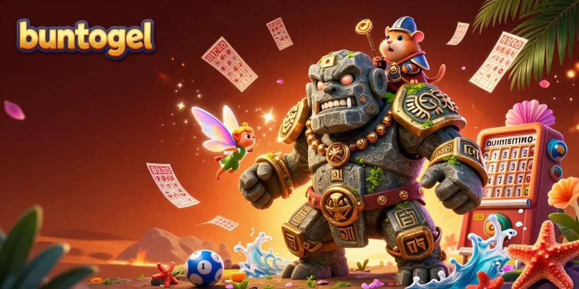 Buntogel's captivating illustration features a magical golem guardian alongside a fairy and a hamster knight, immersed in a vibrant lottery scene.