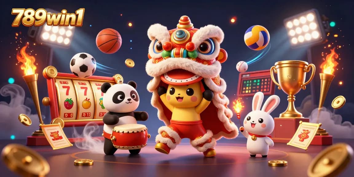 The 789win1 lion dance illustration displays vibrant, festive casino elements, symbolizing exciting gaming opportunities.