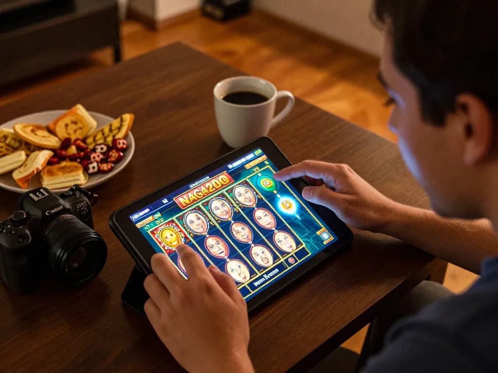 NAGA2000 player enjoying an exciting online slot game from home with strategic focus
