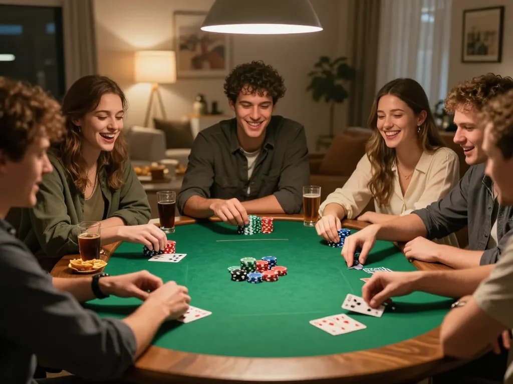 LGO99 Situs Game Online Terpercaya Di INDONESIA showcases a lively poker night among friends with vibrant poker chips and cards.