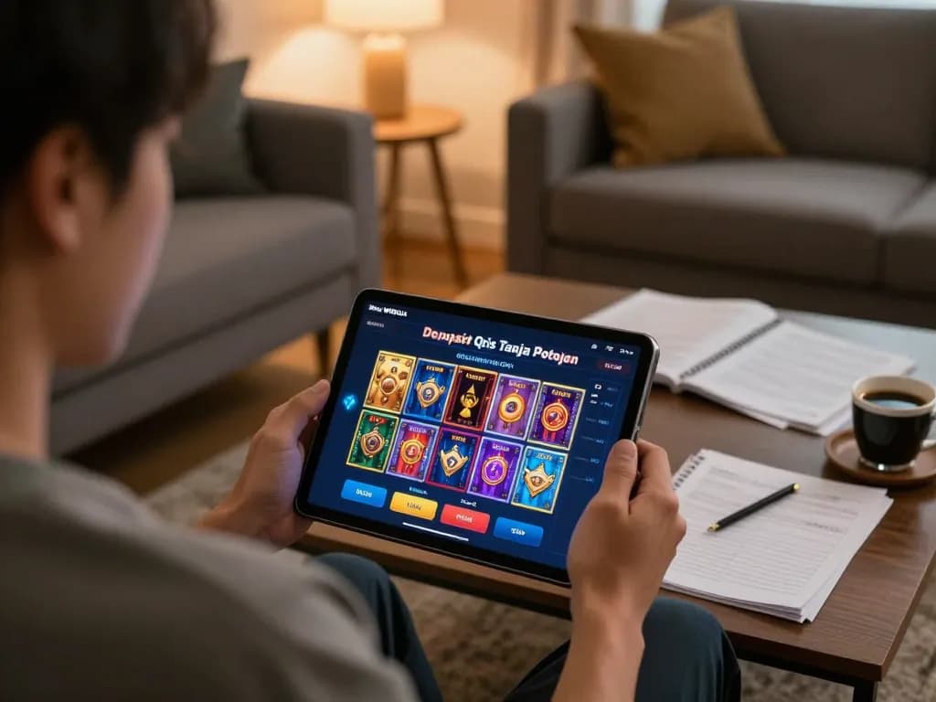 Main WWBola Deposit Qris Tanpa Potongan gaming scene with person using tablet for online betting, showcasing colorful slot options.