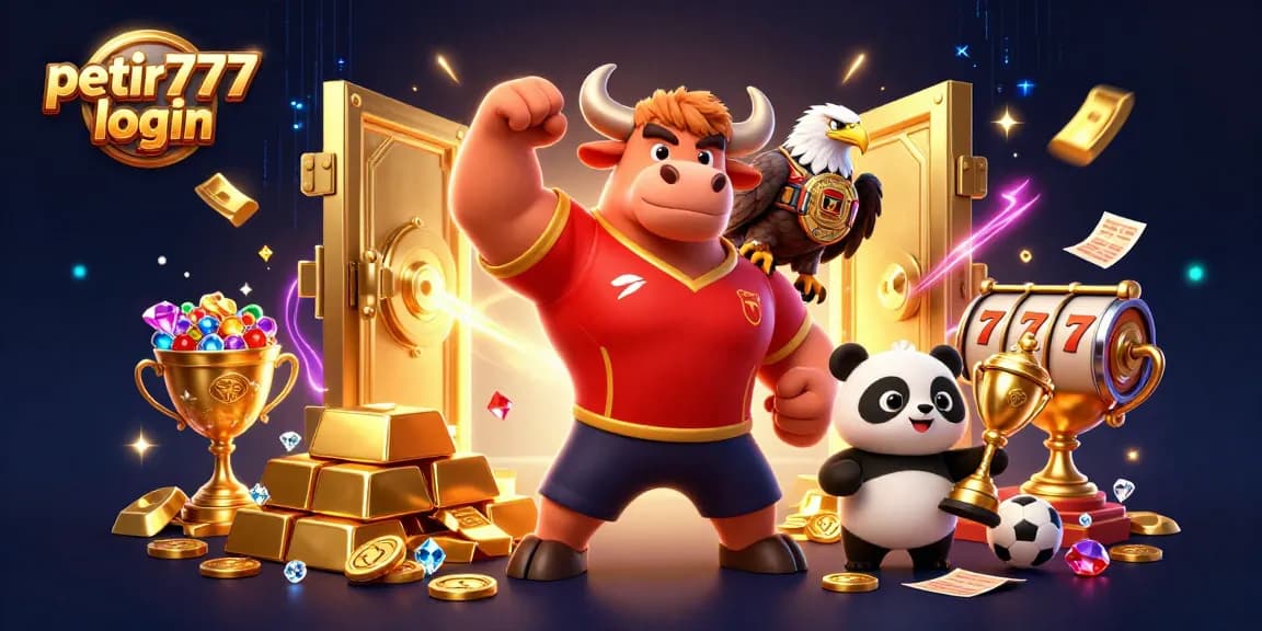 Experience victory with petir777 login showcasing a bull mascot, eagle, and panda amidst rich casino elements.