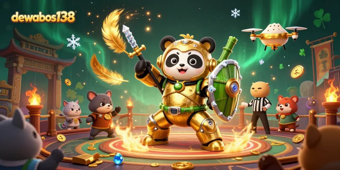 Dewabos138 menampilkan panda emas dalam robot bertema kasino dengan efek dramatis, warna cerah, dan suasana meriah