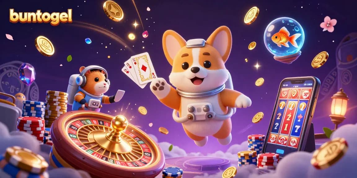 Experience the thrill of buntogel with our vibrant 3D casino illustration featuring a playful corgi, hamster, and goldfish amidst floating coins and spinning roulette.