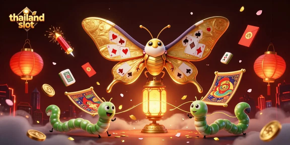 Spin the reels with thailand slot as a vibrant 3D illustration showcases playful moths and casino treasures.
