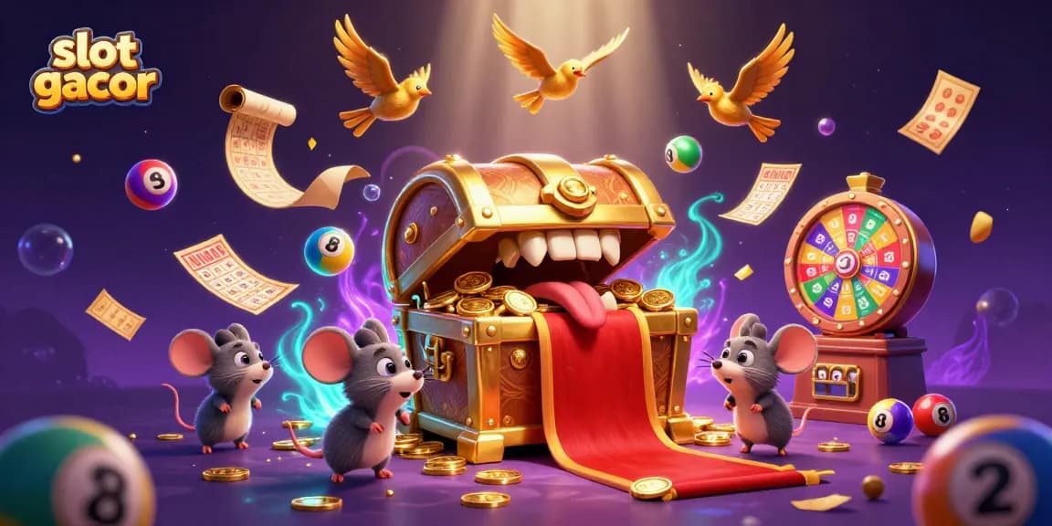 Engage with slot gacor in a colorful, dynamic gambling scene featuring lottery balls and a treasure chest.