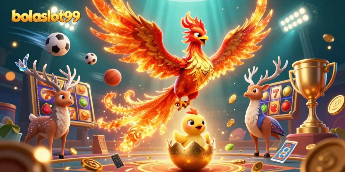 Bolaslot99 showcases a vibrant 3D phoenix scene, emphasizing thrilling jackpot excitement and winning moments.