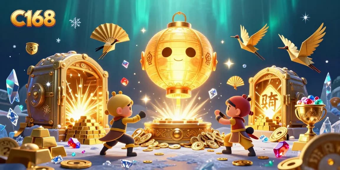 Experience the excitement of C168 casino with glowing lanterns and golden treasures.