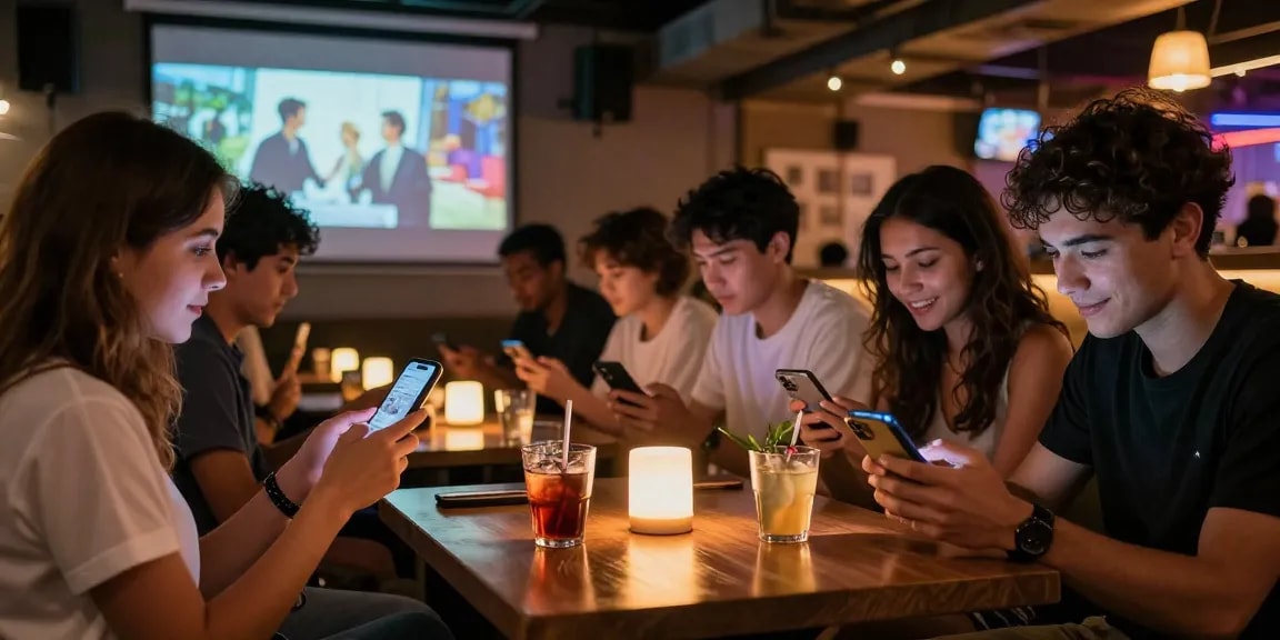 Bokep indonesia gratis entertainment scene with friends enjoying streaming in a vibrant lounge.