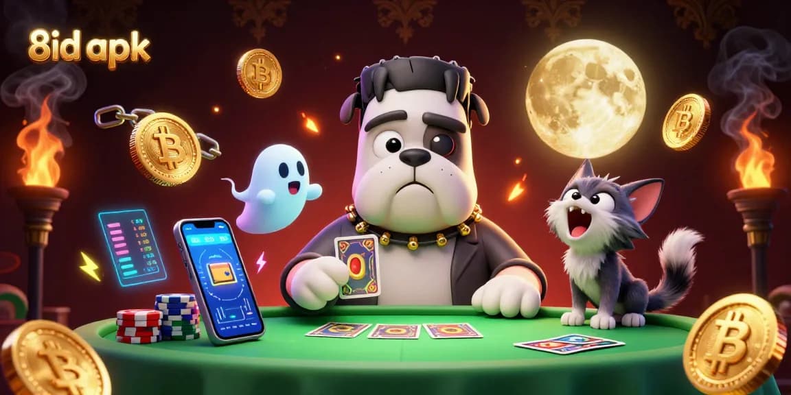 Play popular games on 8id apk with the Frankenstein bulldog and mystical characters at a casino table.