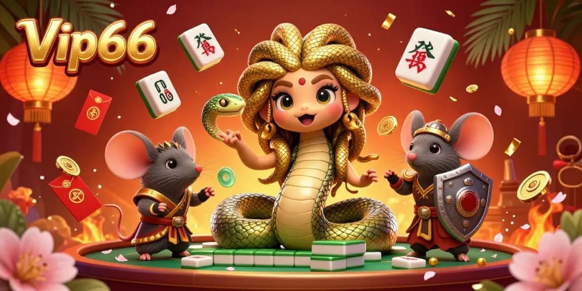 Experience exciting gameplay at Vip66 with cartoon Medusa snake-lady and warrior mouse in a vibrant casino.