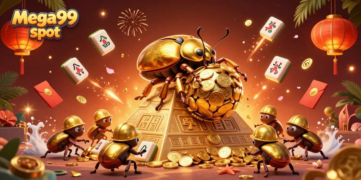 Mega99 slot features a golden beetle rolling coins, celebrating big wins in a vibrant casino environment.