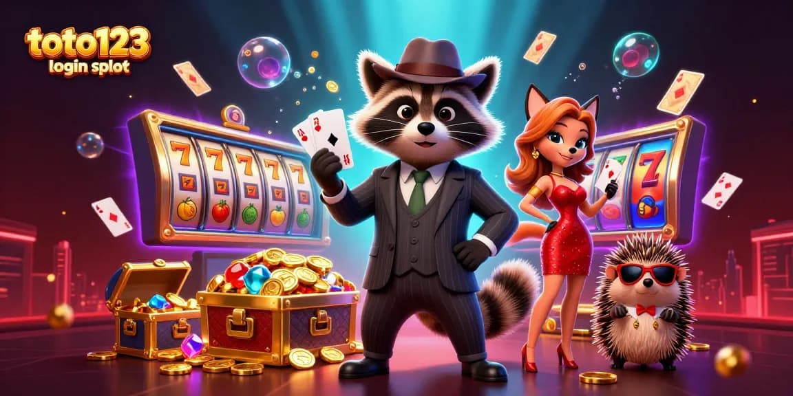 Toto123 login slot gameplay showcasing an animated raccoon holding cards, surrounded by vibrant slot reels and treasures.