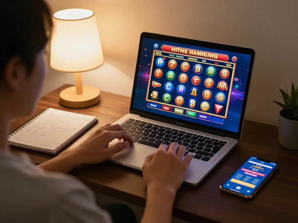 Main OKESlot Deposit Qris Tanpa Potongan showcased in a cozy online gaming setup with vibrant slot graphics.