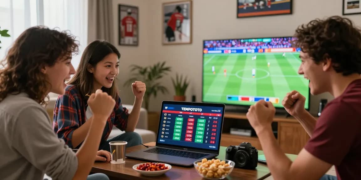 TEMPOTOTO login scene with friends celebrating successful bets on World Cup matches in a cozy living room, showcasing sports excitement.