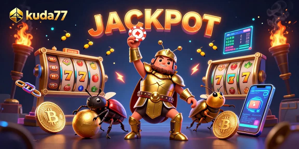Mengguncang jackpot di kuda77 dengan ilustrasi berwarna emas dan simbol slot untuk memenangkan hadiah besar