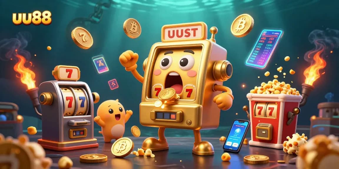 uu88 showcases a thrilling jackpot celebration with golden slot machines amidst crypto elements.