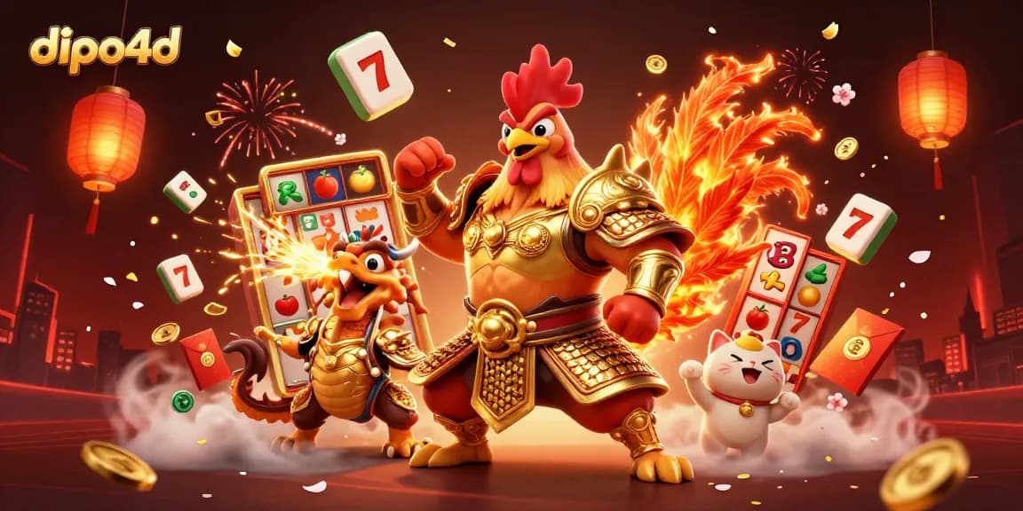 Engage with dipo4d's vibrant casino scene featuring a warrior rooster and dragon, celebrating slots games action.