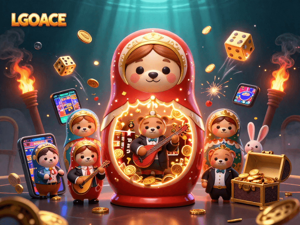LGOACE showcases exciting casino thrills with a vibrant scene of slot games, jackpots, and engaging characters.