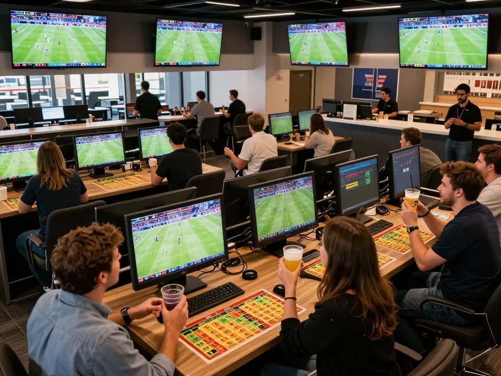 Fans cheer and place bets at LC88's lively sports betting lounge during a match.