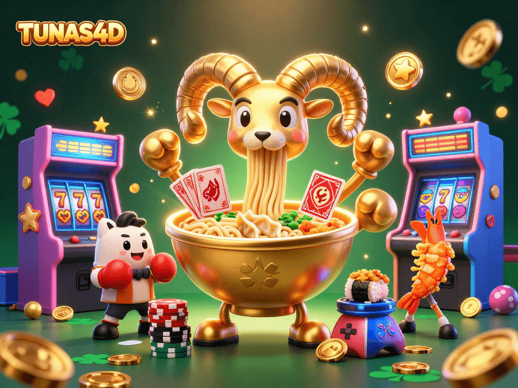 TUNAS4D's vibrant slot gaming scene with characters and casino elements showcasing excitement.