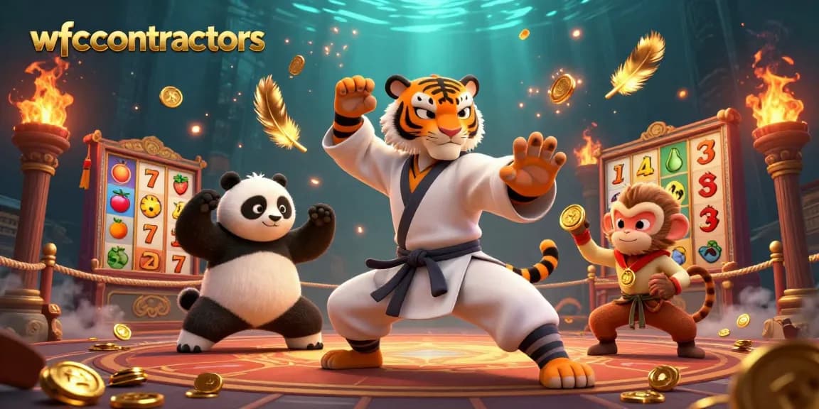 wfccontractors showcases a vibrant 3D casino scene with a kung fu tiger and engaging slot reels.