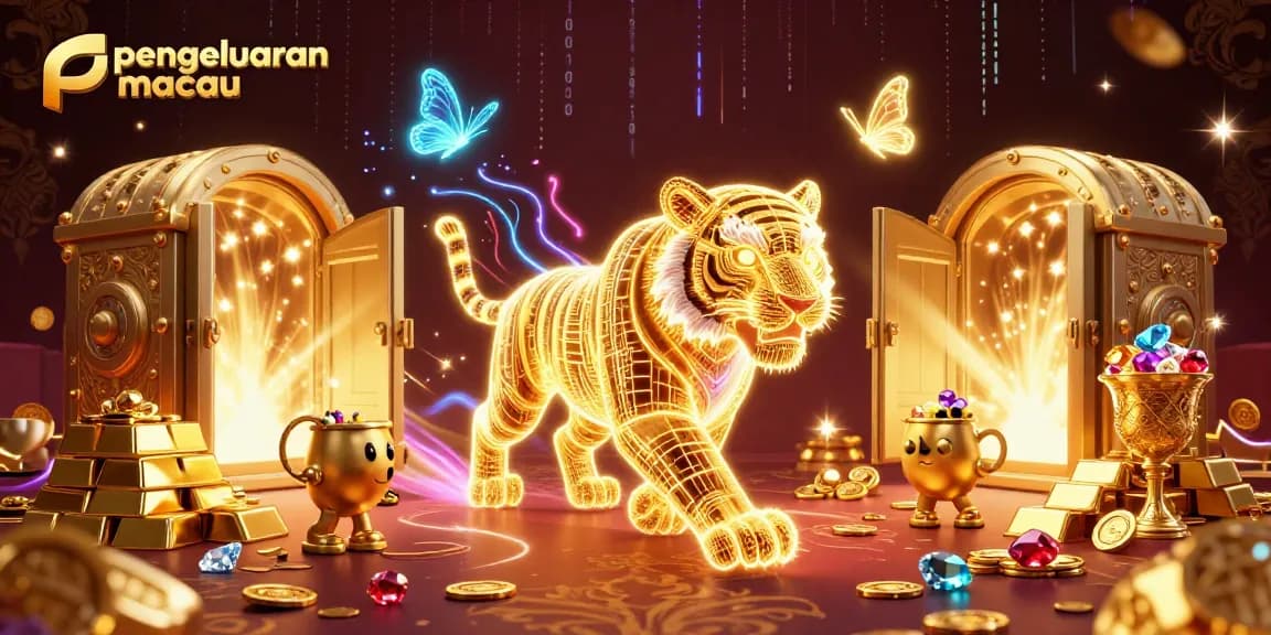 Menggali pengeluaran macau dalam suasana kasino digital yang cerah dengan karakter harimau neon.