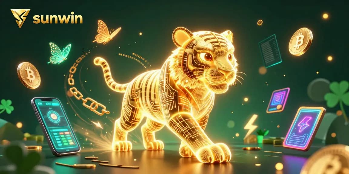 Immerse yourself in the vibrant world of sunwin casino, featuring a neon tiger, cryptocurrency elements, and engaging graphics.