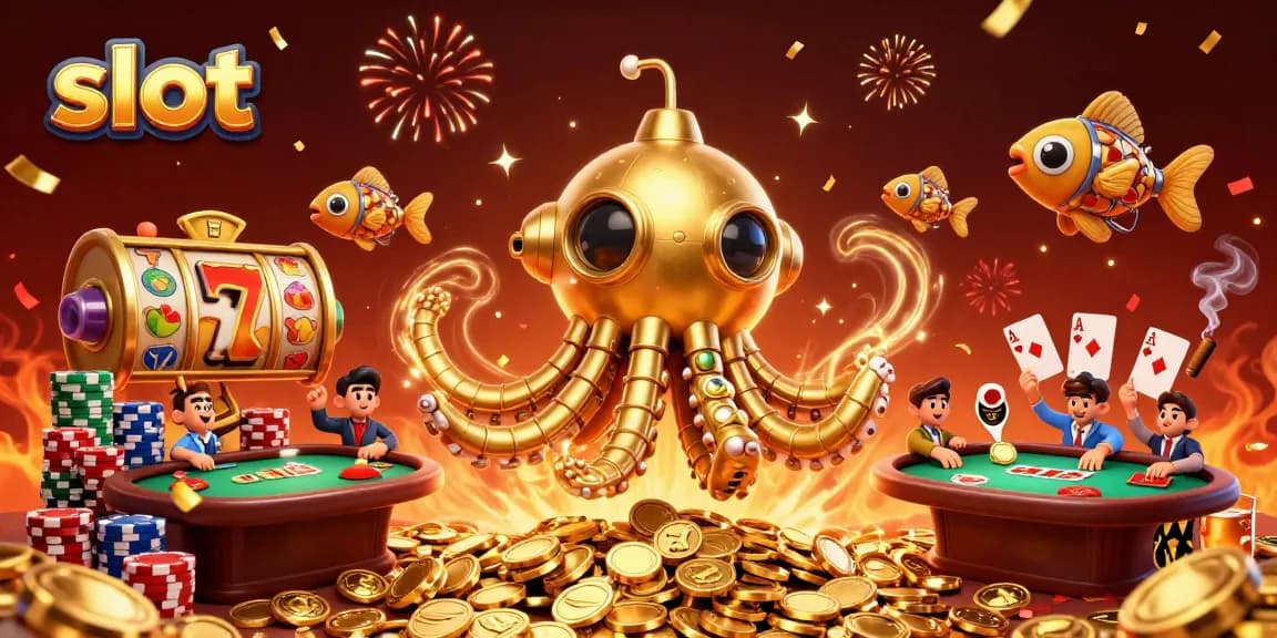 Experience the thrilling slot action with a golden kraken submarine amidst coins and vibrant game elements.