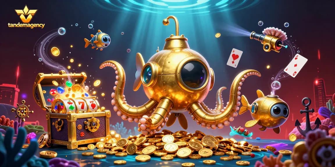 Tandemagency showcases an adventurous 3D scene with a kraken submarine among slot game elements.