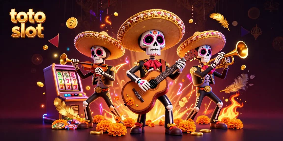 Toto slot memikat pemain dengan ilustrasi penuh warna skeleton mariachi dan mesin slot di arena