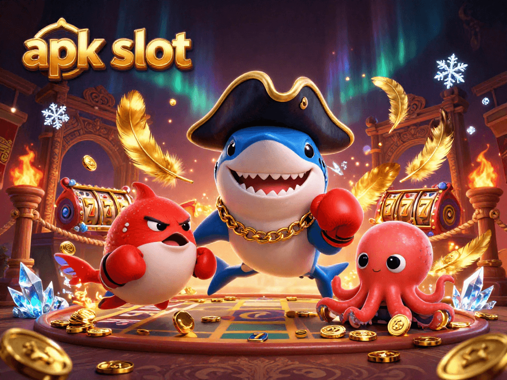 Menggali potensi apk slot dengan karakter lucu, ikan pari merah, dan bayi gurita membawa koin emas.