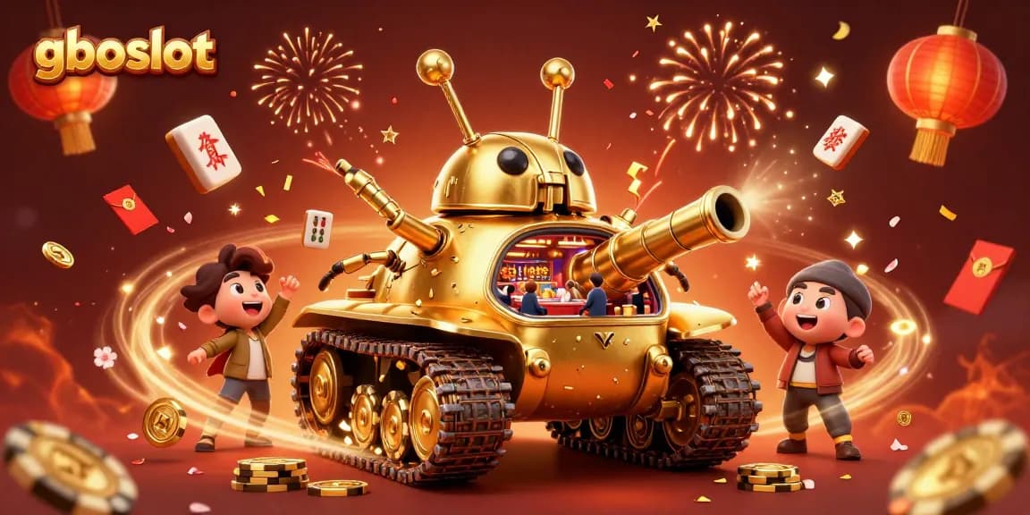 Memenangkan jackpot di gboslot dengan tank kasino emas yang menembakkan koin dan confetti.