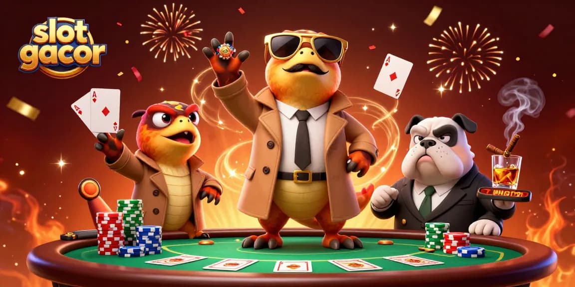 Melihat slot gacor dengan dinosaur kartun raptor tertutup jas mencoba untuk masuk ke lounge VIP kasino.