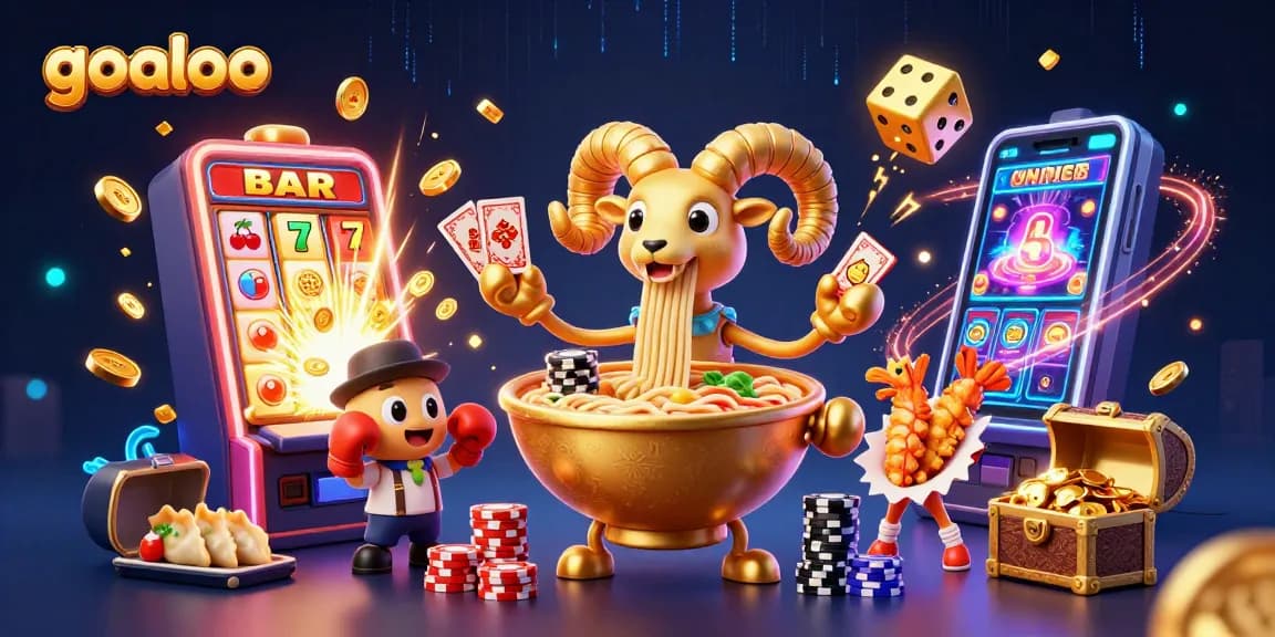Goaloo menyajikan ilustrasi kasino dengan ramen raksasa dan elemen permainan yang kreatif.