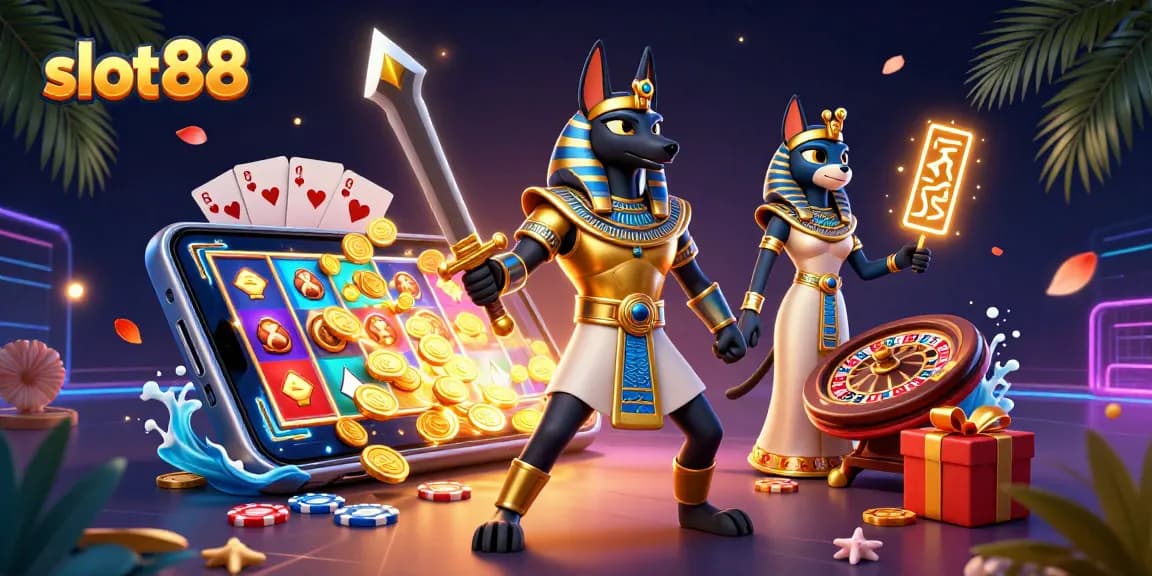 Slot88 memikat pemain dengan ilustrasi Anubis dan Bastet dalam aksi bermain slot.
