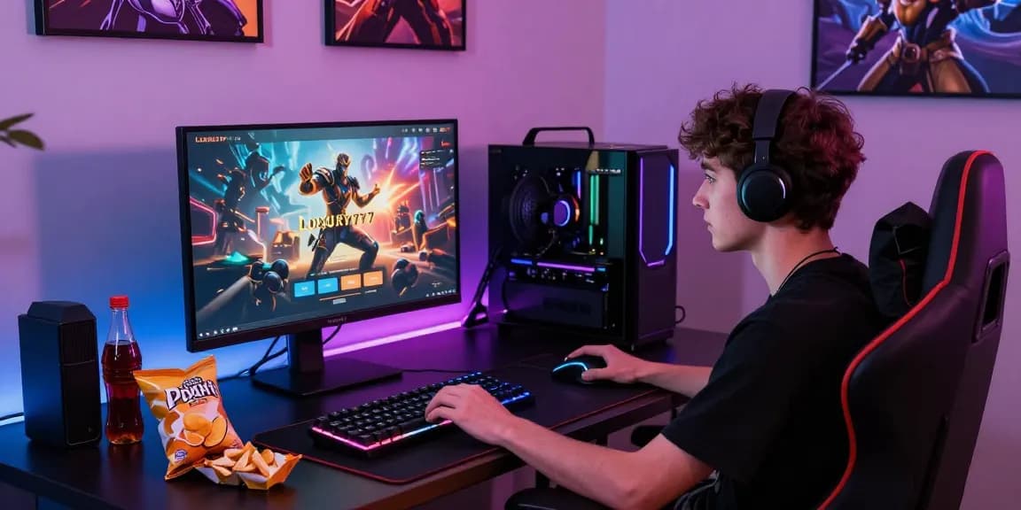 Proses Login LUXURY777 di setup permainan modern dengan monitor besar dan pencahayaan RGB.