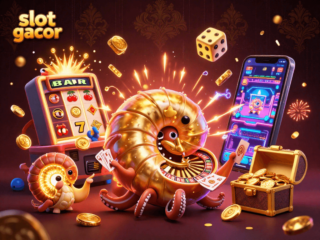 Engage with slot gacor gameplay featuring a giant nautilus and thrilling casino elements like golden coins and jackpot.