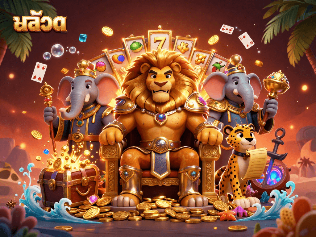 Explore the vibrant world of สล็อต with a lion king, elephant advisor, and a cheetah messenger in a rich casino setting.