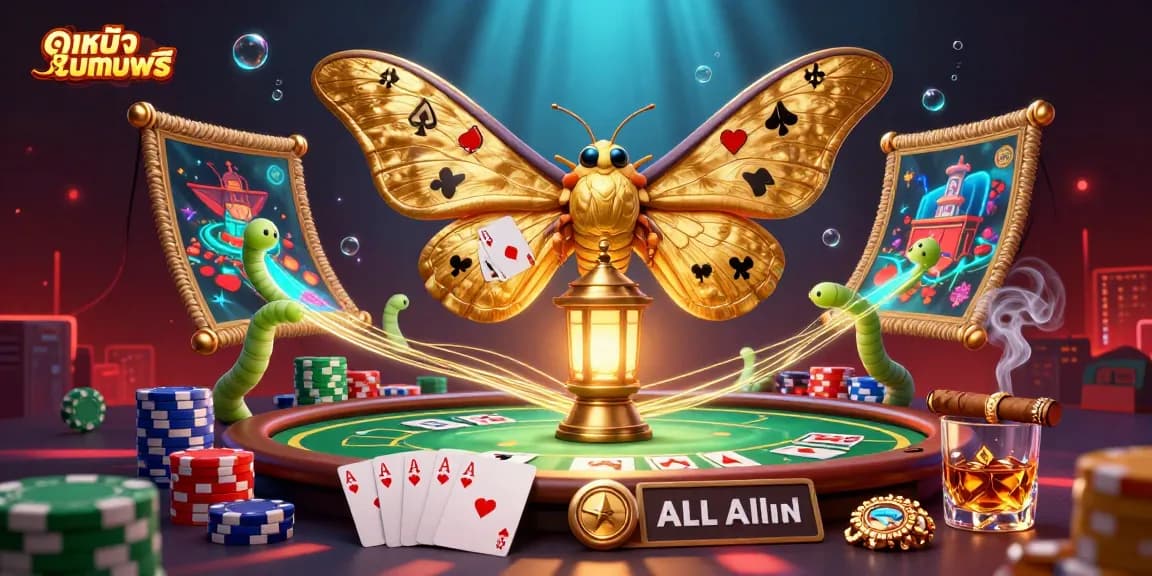 Experience thrilling ดูหนังออนไลน์ฟรี as a cartoon atlas moth unveils a vibrant casino scene filled with poker elements.
